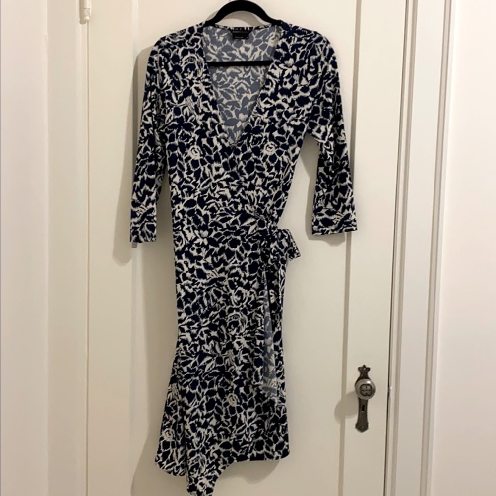 BCBG Navy Blue and White Floral Wrap Dress